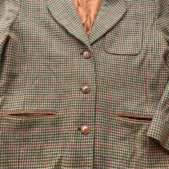 VINTAGE Y2K Express 2 Wool Leather Houndstooth Brown Red Blazer Jacket Medium - Picture 3 of 7